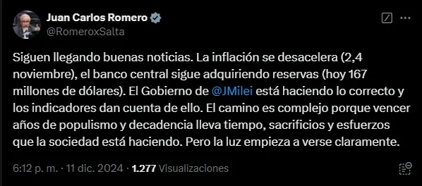 Romero elogia al gobierno de Milei y dice que la luz empieza a verse claramente