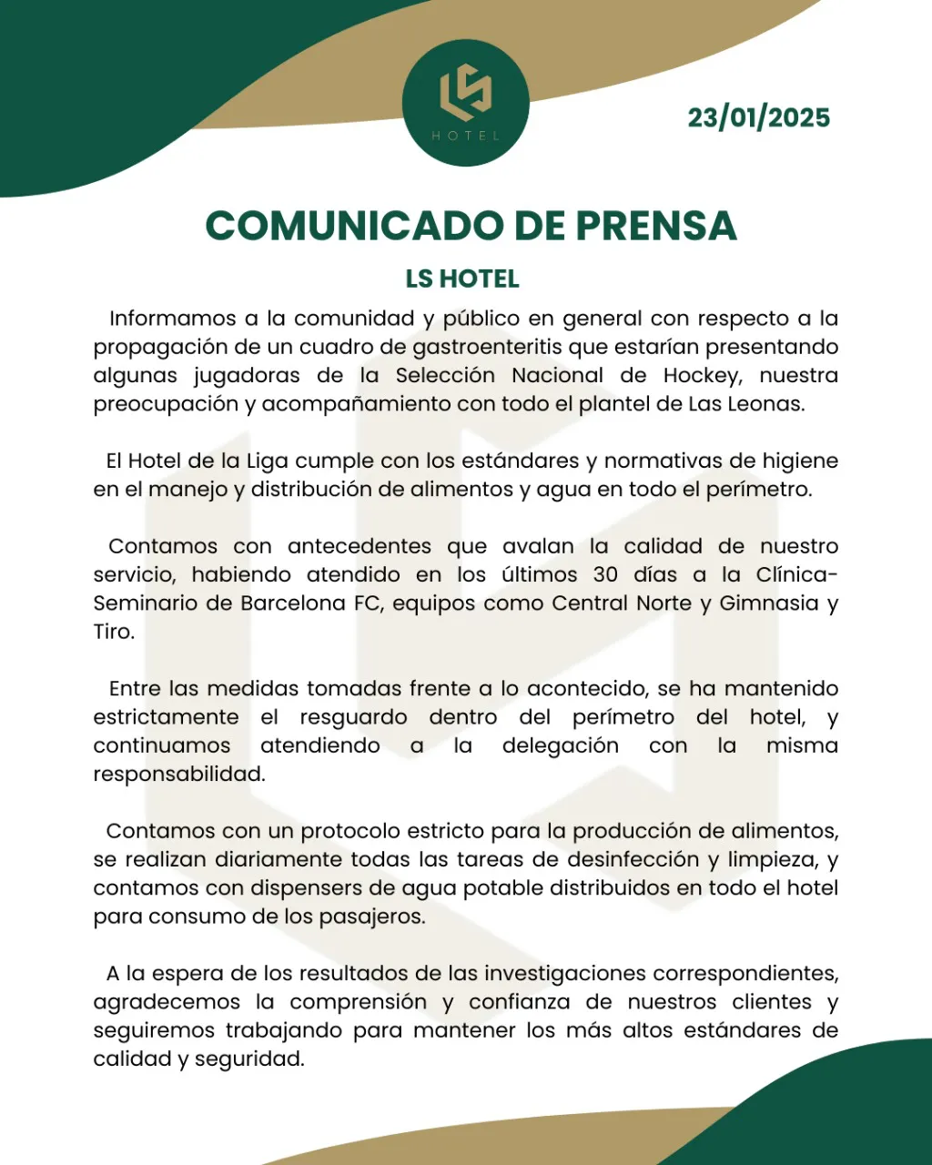 Comunicado del Hotel de la Liga
