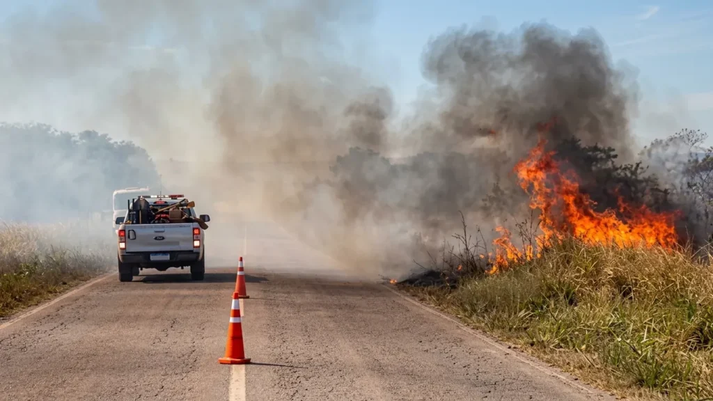 Incendio registrado sobre la Ruta 34.