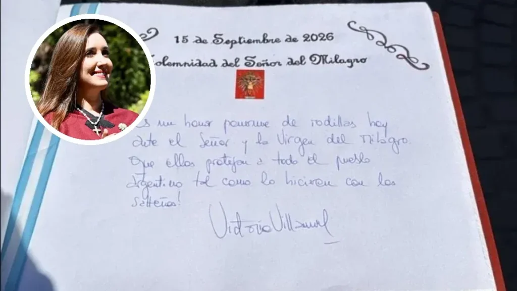 Dedicatoria escrita por Victoria Villarruel durante su visita a Salta.